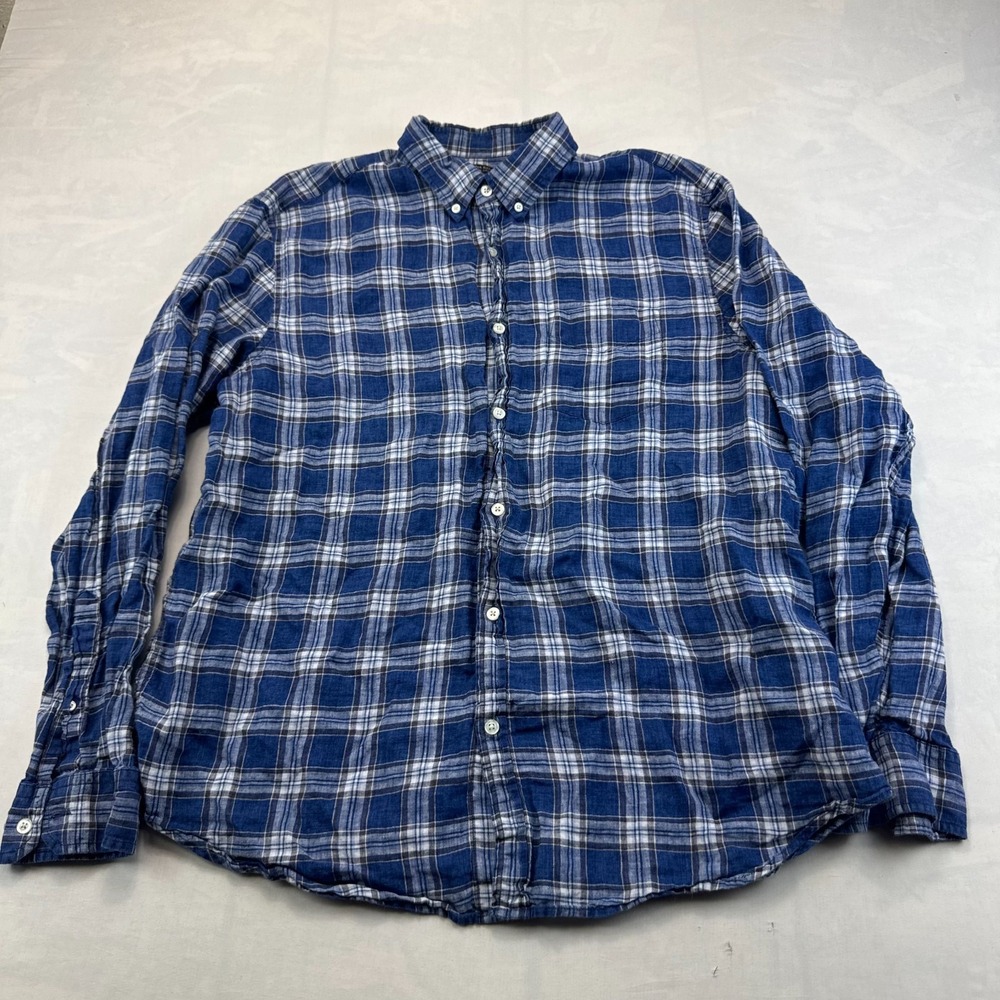 Banana Republic Linen Shirt Mens XL Blue Plaid Camden Standard Fit Button Down
